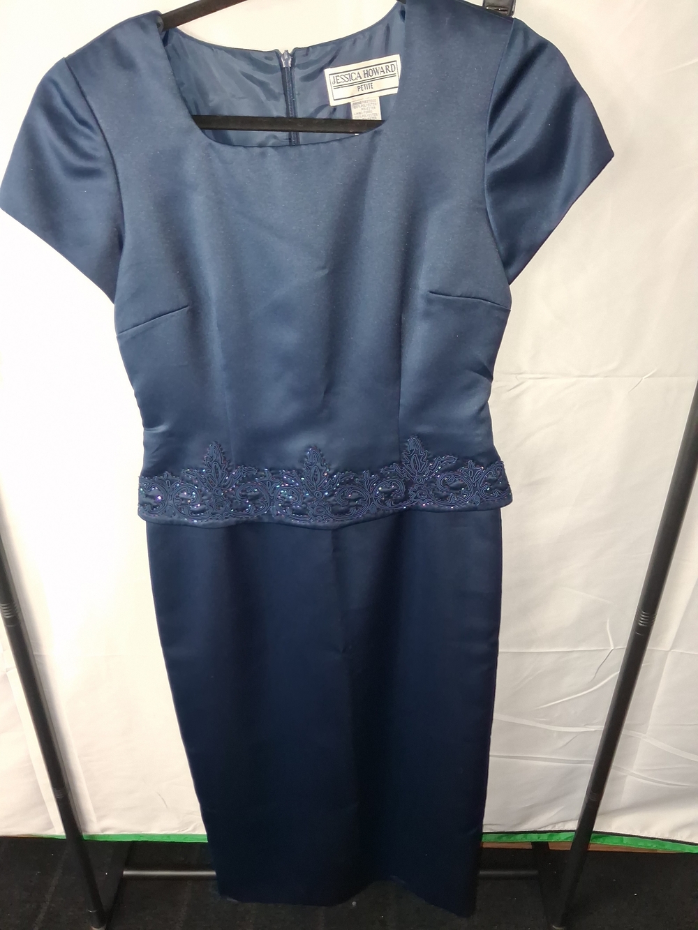 Jessica Howard Navy Satin Peplum Dress with Beaded Trim